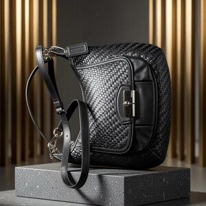 Coach Black Woven Leather Crossbody Bag with Gold Hardware